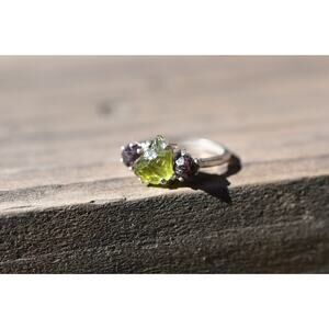 Raw Garnet and Peridot Engagement Ring